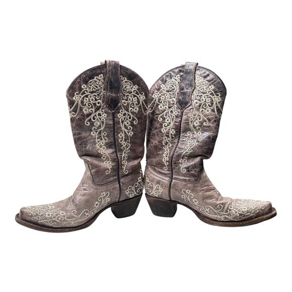 Corral Teens Brown Crater Embroidered Western Boots Square Toe Size 2 - Picture 3 of 11